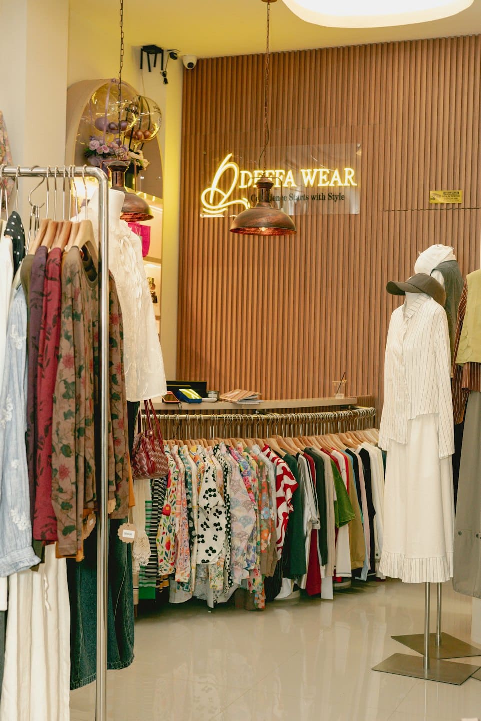 Ropa en percheros y maniquí contra pared de lamas de madera.